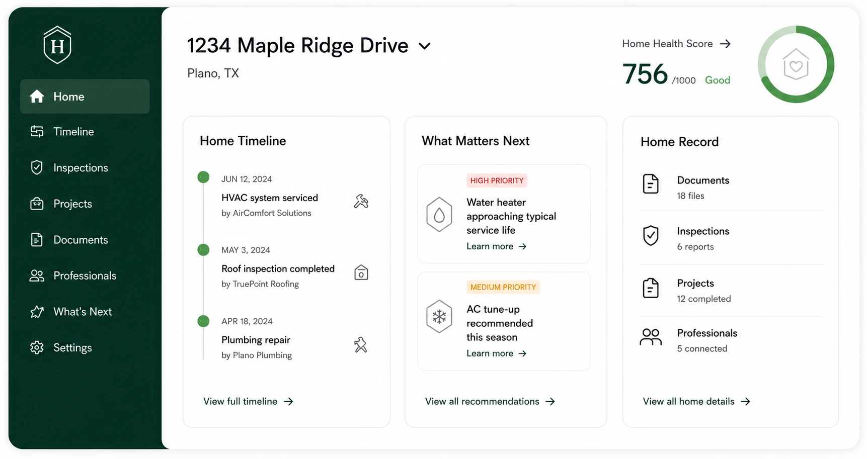 Heritage Standard homeowner dashboard showing a home's timeline, priorities, and record.